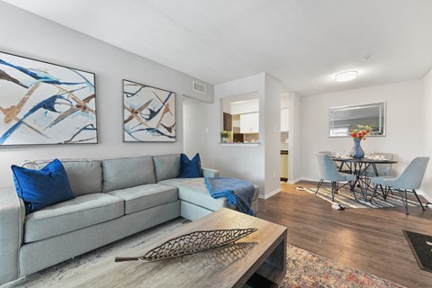 a living room with a couch and a table with chairs